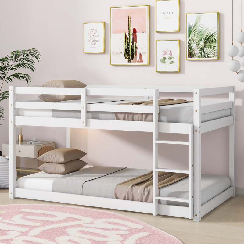 Hedra Twin Over Twin Bunk Bed With Ladder And Storage, Solid Rubber Wood Construction, White