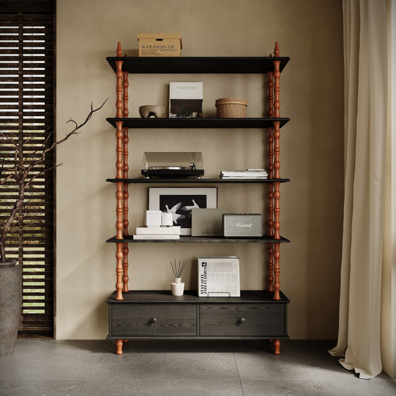 Bookcase Shelf Wood Book Shelf 74.4 Inch Tall,5 Tier Black Shelving Units And Storage Drawers, Modern Solid Wood Veneered Free Standing Shelves, Living Room, Study Room, Kitchen