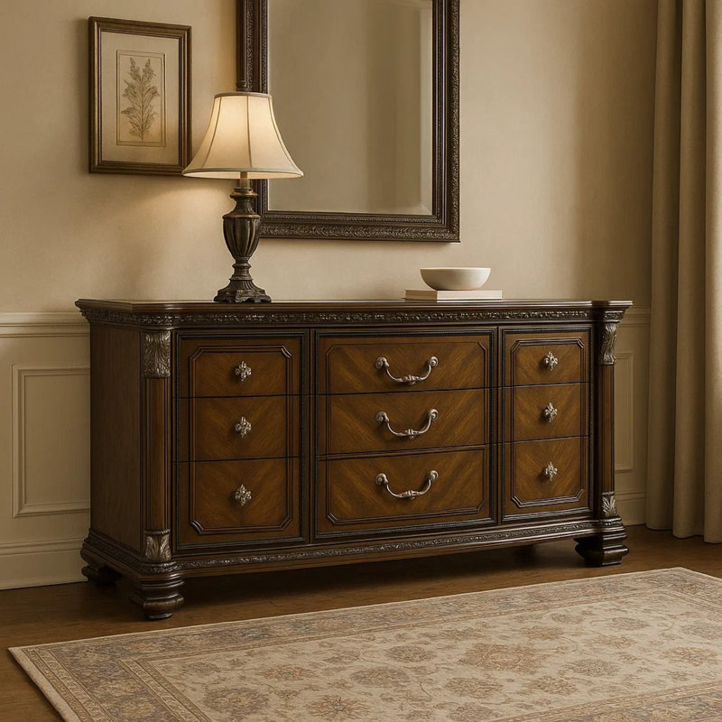 Commode large Naddy, sculpture ornée, bois de pin brun, Espresso brun