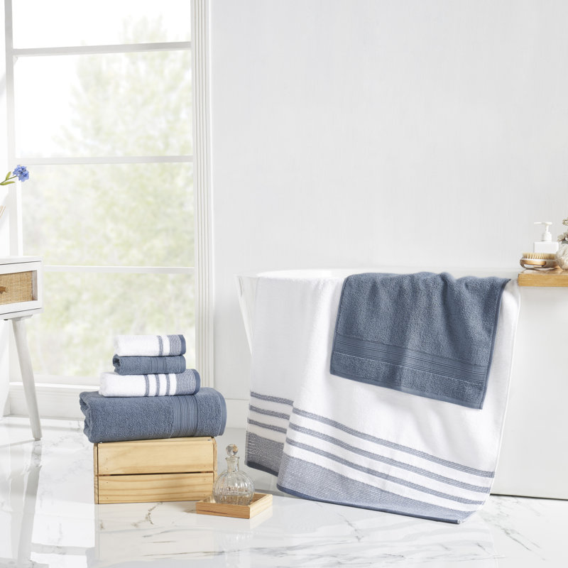 Denim Blue and White Cotton 6-Piece Quick Dry Towel Set