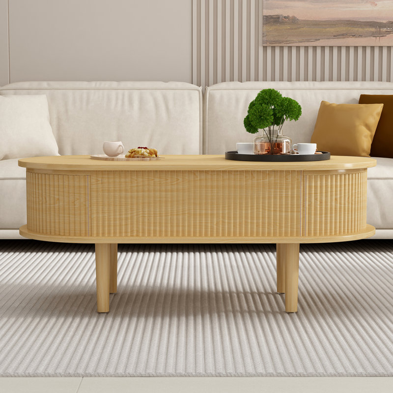 Table basse cannelée à plateau relevable avec compartiment caché, table centrale en bois, plateau de table ovale moderne pour bureau à domicile, couleur naturelle