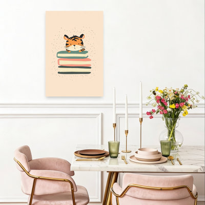 Cute Tiger With Books Playful Whimsical Contemporary Tiger Architecture Wall Art Print 1 Piece Wrapped Canvas Wall Art