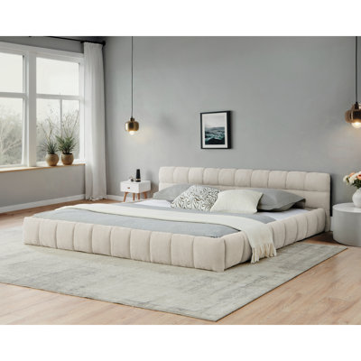California King Upholstered Platform Bed with Headboard, Solid Frame, Thick Chenille Fabric - Beige