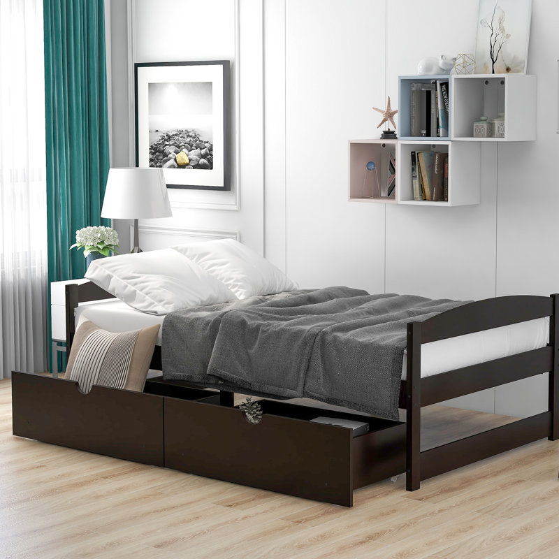 Twin Bed With Two Functional Drawers For A Relaxing Bedroom Atmosphere Size Platform In Classic Tone - Practical, Espresso