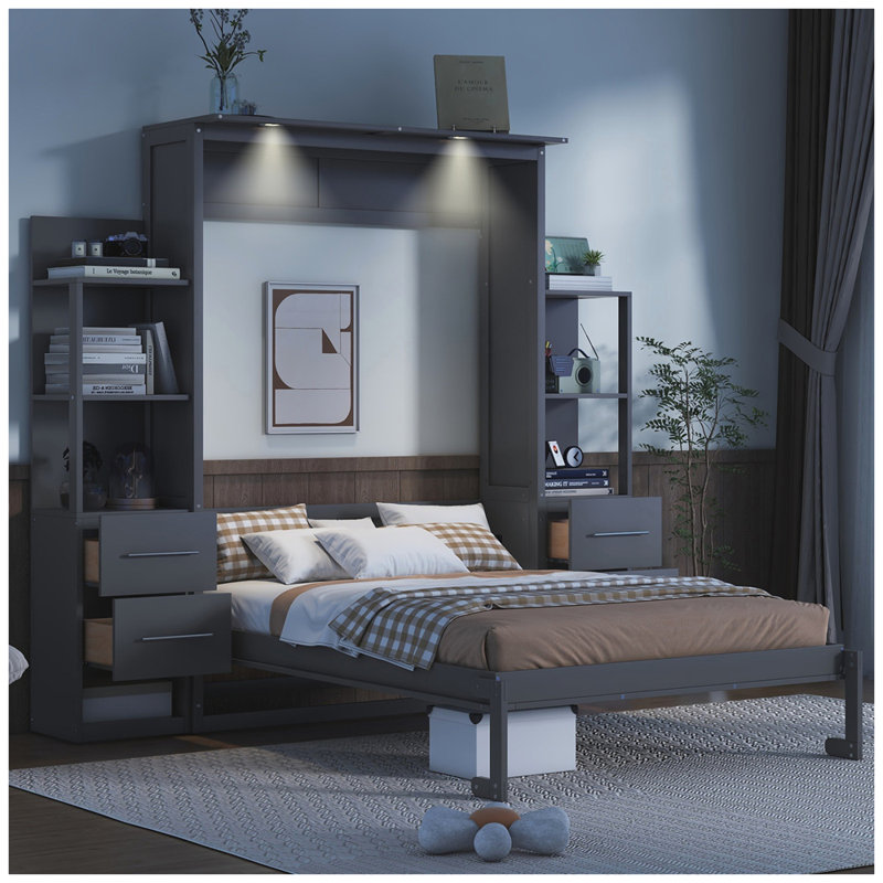 Lit escamotable moderne avec tiroirs et lumières DEL Modern, Gris, Double