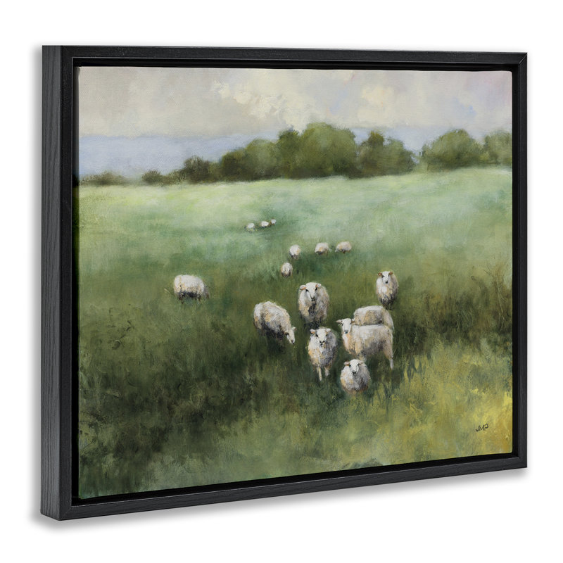  «Field Day Sheep Floater», art mural sur toile par Julia Purinton, H 17 po x l 21 po, Cadre flottant noir de jais