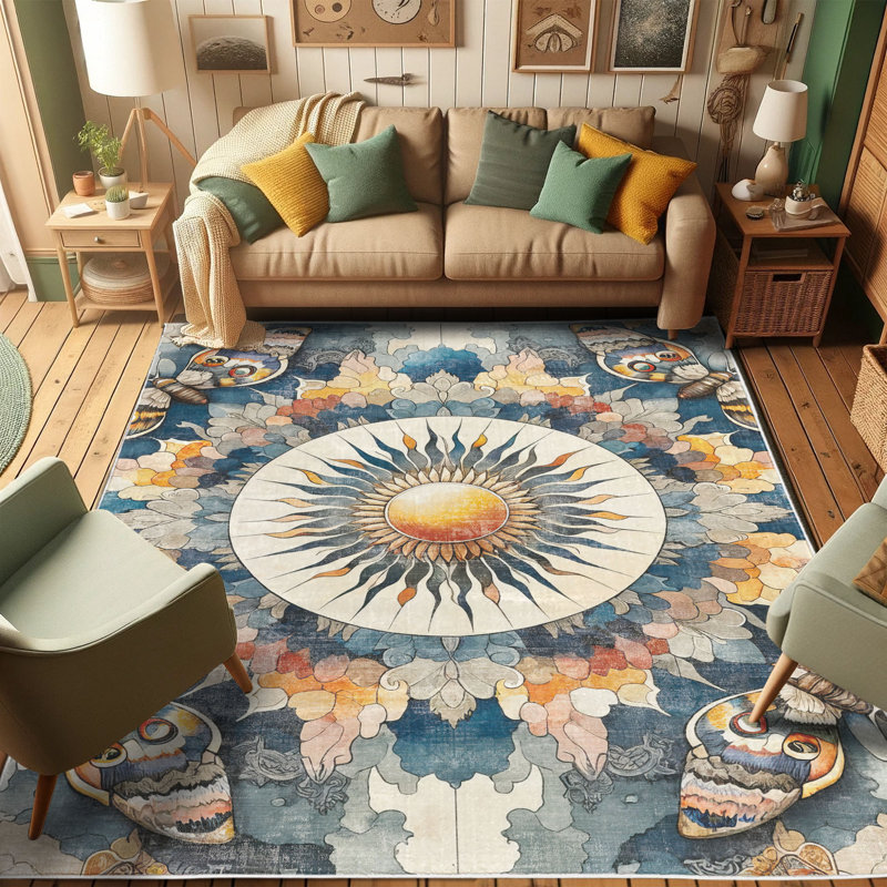 Bohemian Blue Sun and Moth Synthetic Area Rug 2'3" x 3'9"