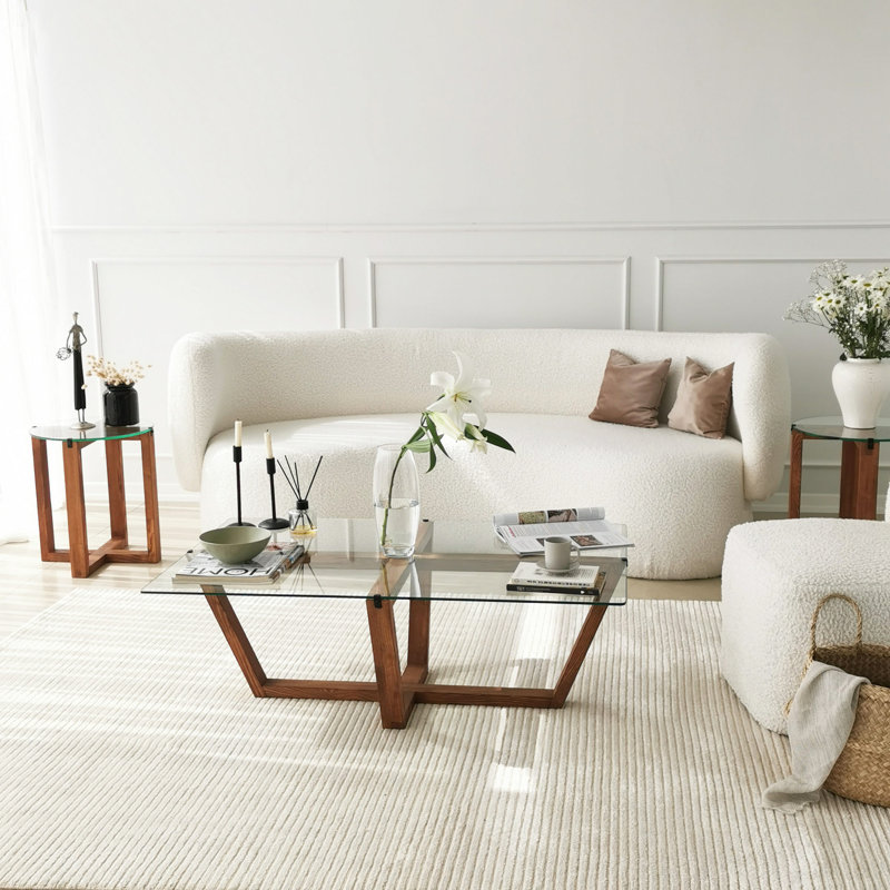 Modern Coffee Table with 100% Tempered Glass Top & 100% Pine Solid Wood Frame, Walnut Color, 41.3 x 13.8 x 25.6 Inches | Durable & Stylish Design, Perfect for Living Room or Lounge Spaces