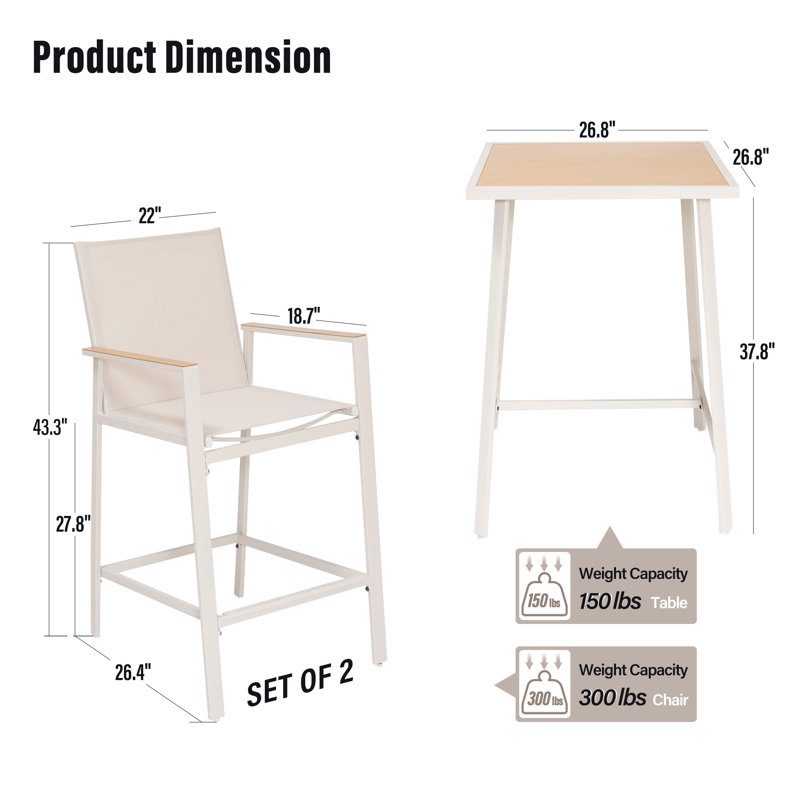 Aletza Square 2 - Person 27'' Long Outdoor Dining Set, PVC-Coated Polyester Patio Bar Set With Height Table