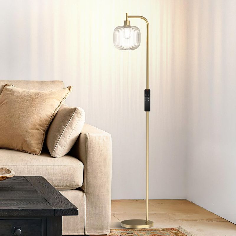 Lampe sur pied arquée avec abat-jour en verre, télécommande et ampoule incluse, Gris