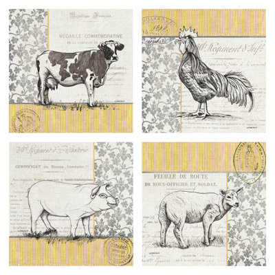 « rétro à l’animal de la ferme », ensemble de 4 reproductions d’impressions sur toiles tendues