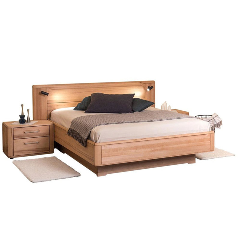 Ensemble de lit en hêtre massif avec 2 tiroirs de rangement et tables de chevet Nicole - Une élégance écologique pour toute chambre à coucher