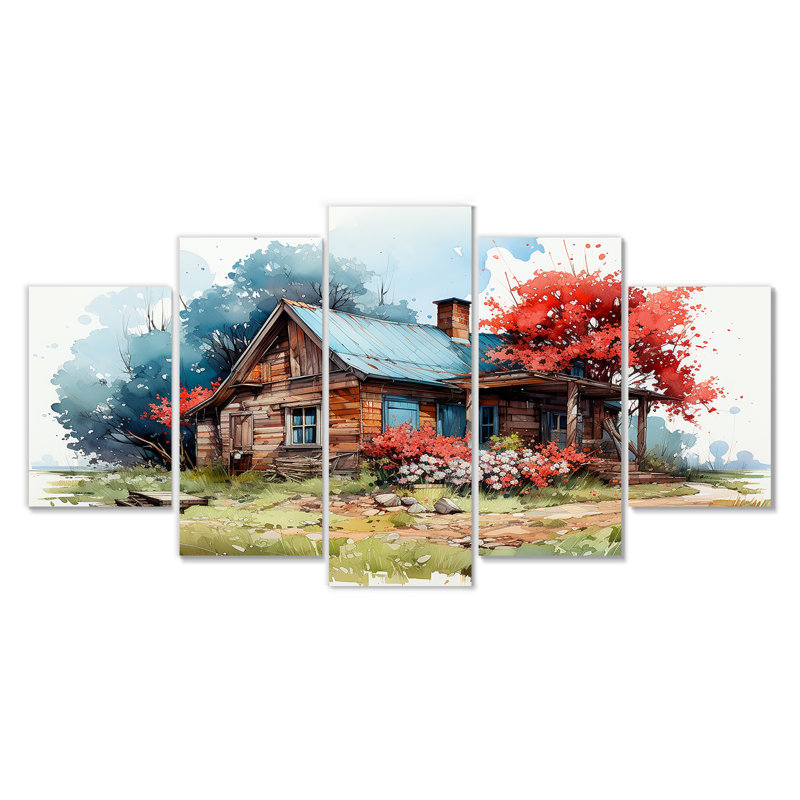 Maison de campagne avec arbre rouge, aquarelle - paysage, art mural 5 pièces, H 32 po x l 60 po