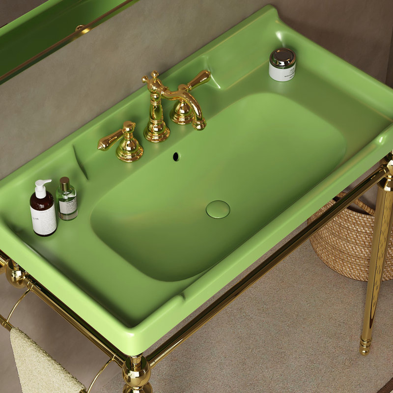 Wall-Mounted Ceramic Vanity Basin With Stainless Steel Support And Towel Bar, Green