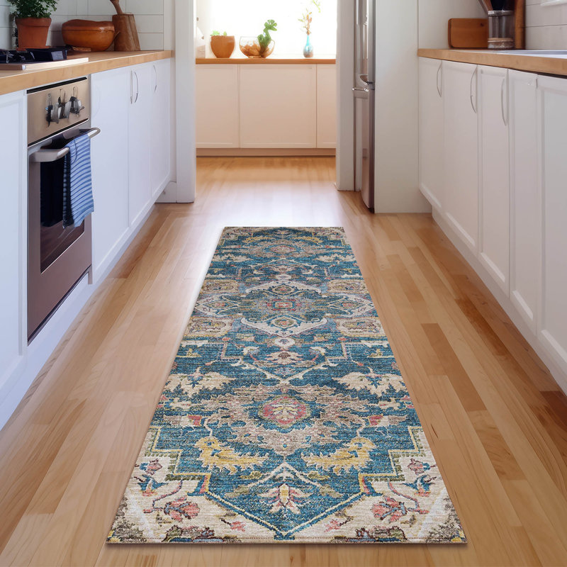Premium Machine Washable Prisco Blue Rug, Runner 2'3" x 7'6"