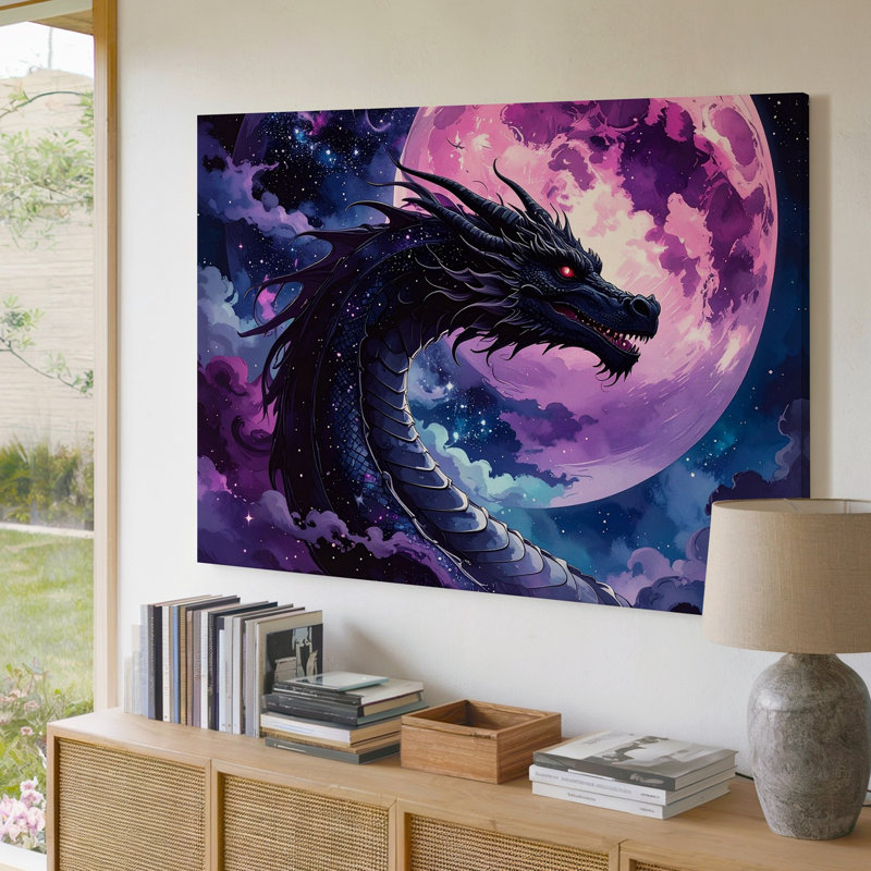 Toile céleste, dragon noir, toile de fond sous la lune rose, H 9 po x l 12 po