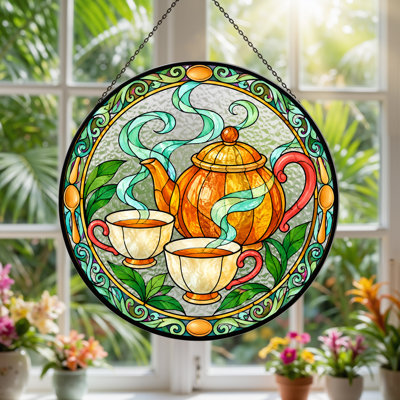Théière et tasses à thé avec vitrail, feuilles vertes, art mural