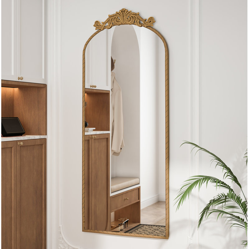 58"x24" Arched Full Body Mirror with Vintage Ornate Carved Applique on Top, Hanging Wall Mounted Mirror, for Living Room Bedroom Retro Home Decor Mirror, Bronze