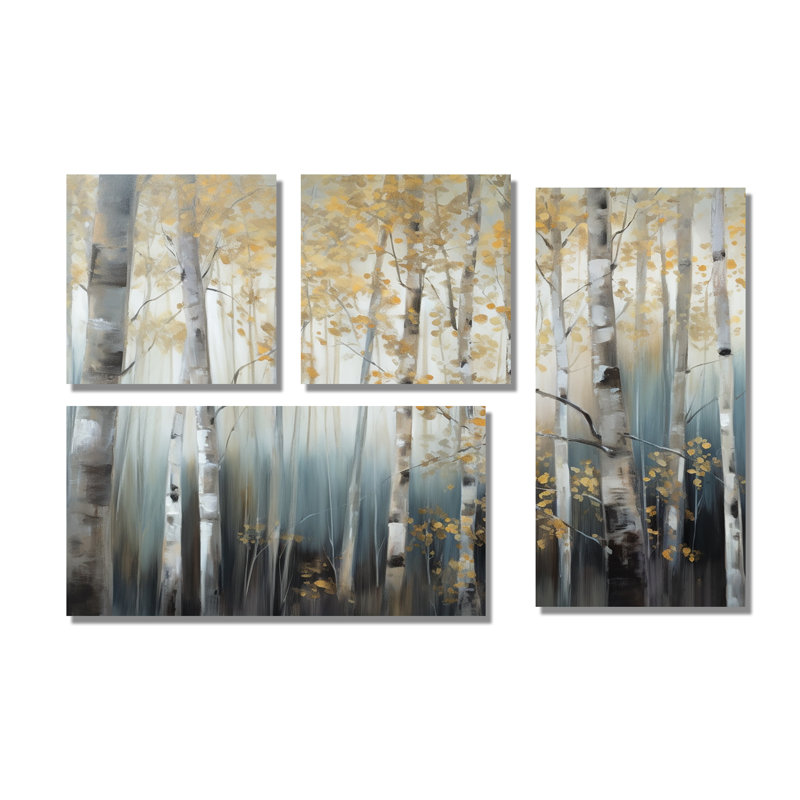 Bouleau dense forêt V - art mural grand arbre 4 pièces, Noir, Impression encadrée sans passe-partout