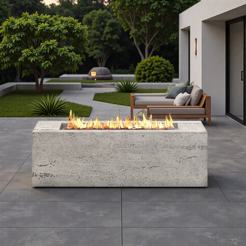 Mgo Propane Outdoor Rectangular Fire Pit With Side Cutout Handles, Steel Burner, Adjustable Flame Control, Lava Rocks And Rain Cover