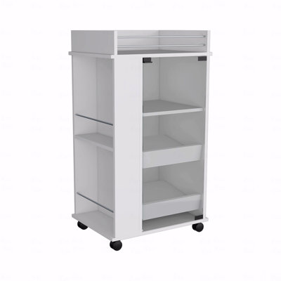 Bar Cart With Glass Door, 2-Side Shelves And With Casters