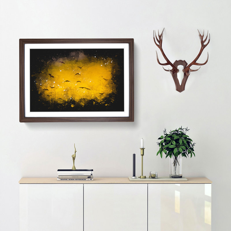 Egrets At Sunset Paint Splash - Framed Print, 33cm H x 45cm W x 2cm D, Walnut Framed