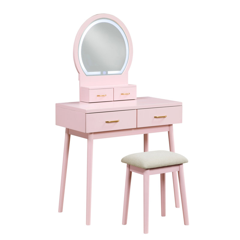 Magnifique commode avec miroir et tabouret avec tiroirs de rangement, Rose