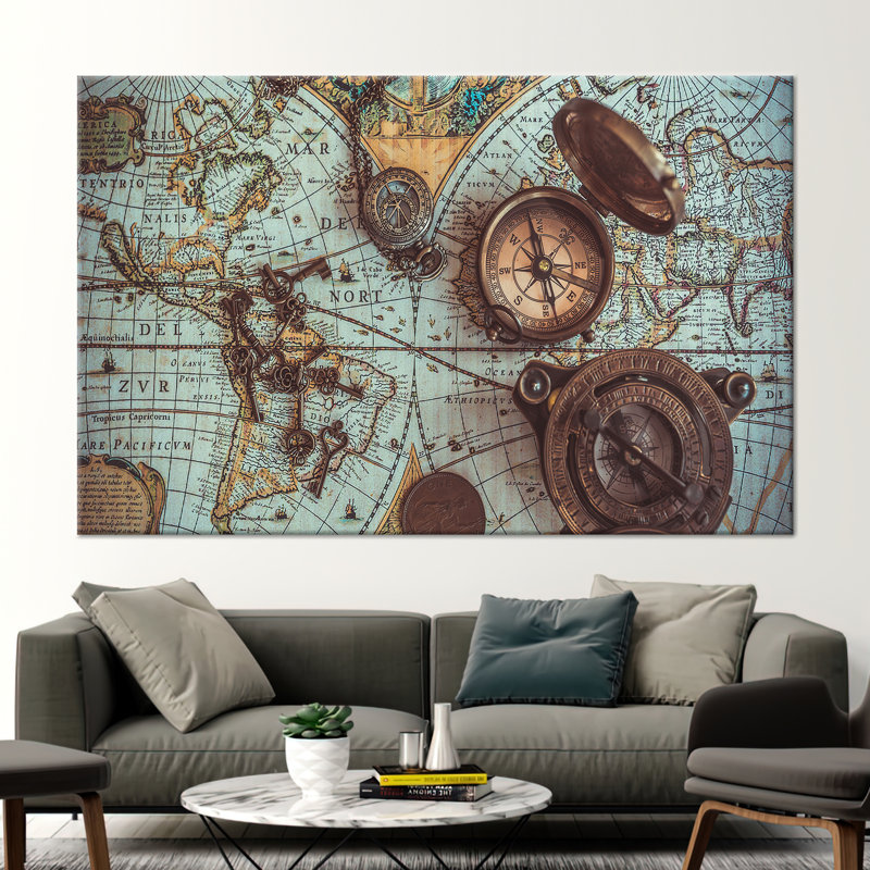 Carte du monde et boussole en laiton, art mural nautique antique, H 43 po x l 98 po, Toile tendue