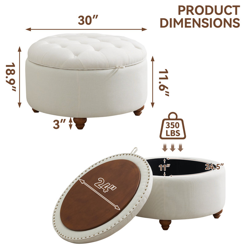 Beige Linen Upholstered Round Storage Ottoman with Wooden Tray Top