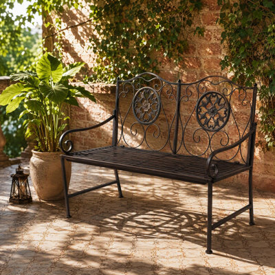 Banc de jardin extérieur en métal, banc de patio en fer forgé à motif floral rétro 2 places, banc de véranda résistant aux intempéries avec dossier décoratif pour cour, pelouse, jardin, jardin