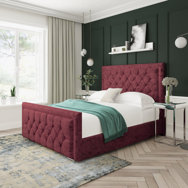 Maple Crushed Velvet Upholstered Ottoman Bed Frame, Aubergine, Kingsize (5')