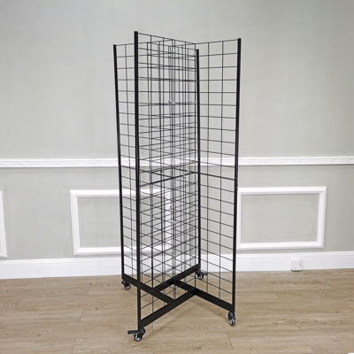 Four-Sided Gridwall Display Rack Black 33.5x33.5x70 "3x4" Grid 4-Way Floor Stand