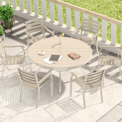 7 - Piece Outdoor Dining For Patio: 6 Stackable Metal Chairs And A 53.94" Round Table, Comfortable Wide Seats, Rust Finish, Ideal Garden Patio Of Pieces: Spliced Slatted Tabletop Water Management, ,
