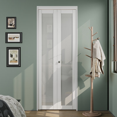 24" x 80" 1-Lite Frosted Glass Solid Manufactured Wood Bi-Fold Door with Hardware Kit.(Ideal for Closet,Pantry,Laundry,Bathroom)