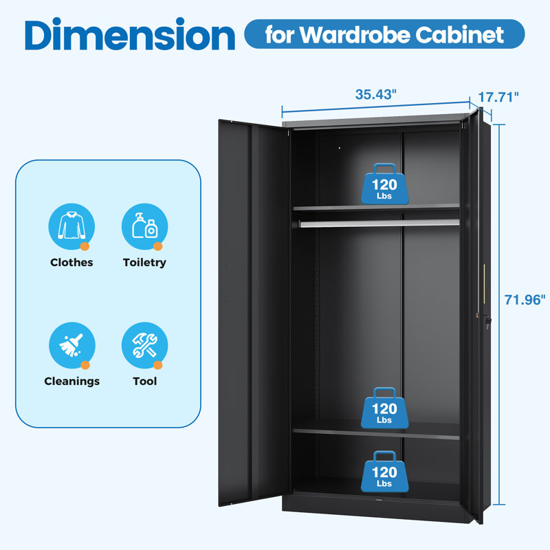 36 Inch Wide Metal Wardrobe Cabinets Storage Cabinets with Lock, Black