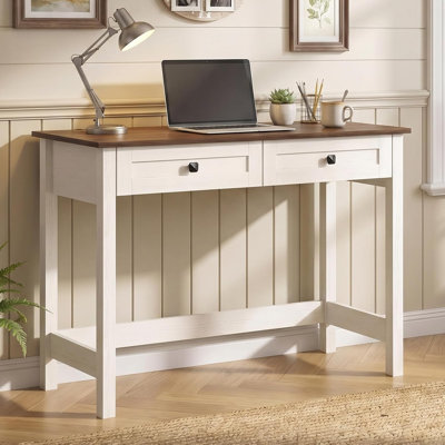 40" Farmhouse Writing Desk Antique White & Rustic Brown Compact Home Office Desk with 2 Drawers