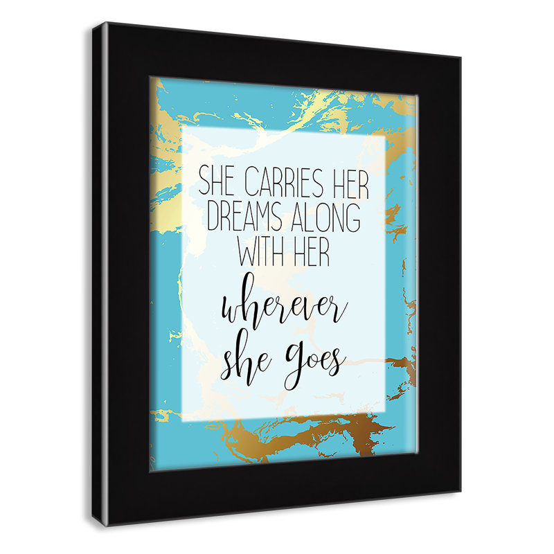 «Whereever she goes», art encadré, H 12 po x l 10 po x P 0,63 po, Cadre noir