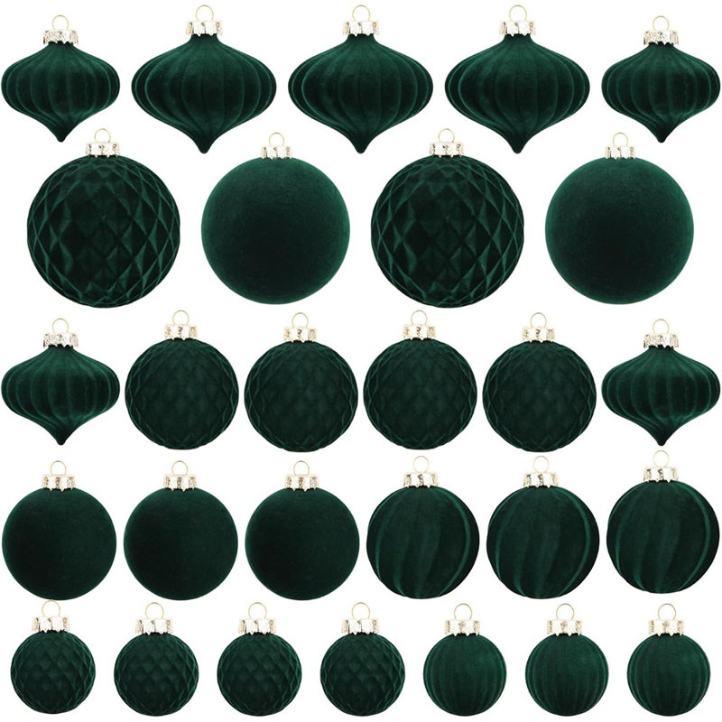 28 décorations d'arbre de Noël en velours vert - Assortiment de boules de Noël floquées pour décoration d'arbre de Noël