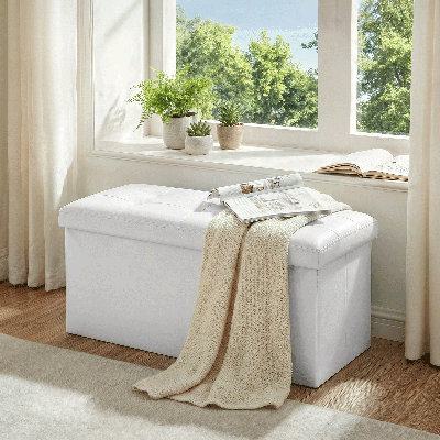 30" Upholstered Folding Storage Ottoman, PU Leather Tufted Footrest End of Bed Bench with Padded Seat
