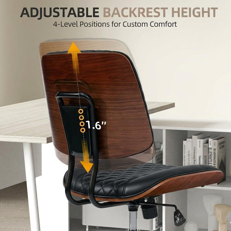 Fauteuil de bureau moderne sans accoudoirs, petit fauteuil de bureau en similicuir avec dossier réglable à 4 niveaux, Black