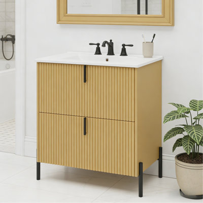 Meuble-lavabo de 30 po avec lavabo en céramique, avec poignées verticales et tiroirs pleine extension, meuble-lavabo autoportant avec glissières de tiroir à fermeture en douceur, conception cannelée, naturel