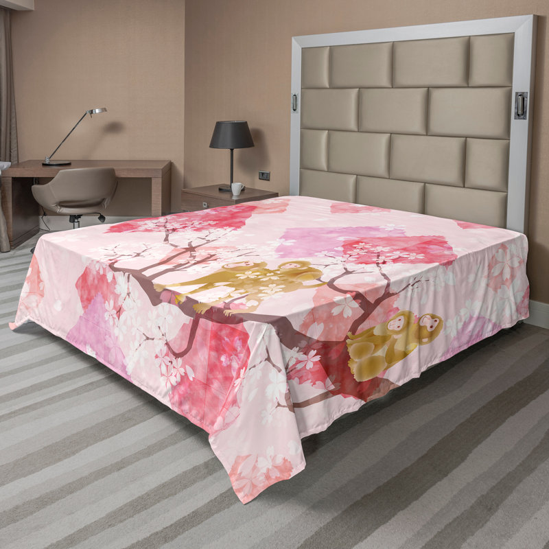 Ambesonne Orient Top Flat Sheet Mosaic Motifs, Pink/Red/Pale/Coffee Floral, King Flat Sheet