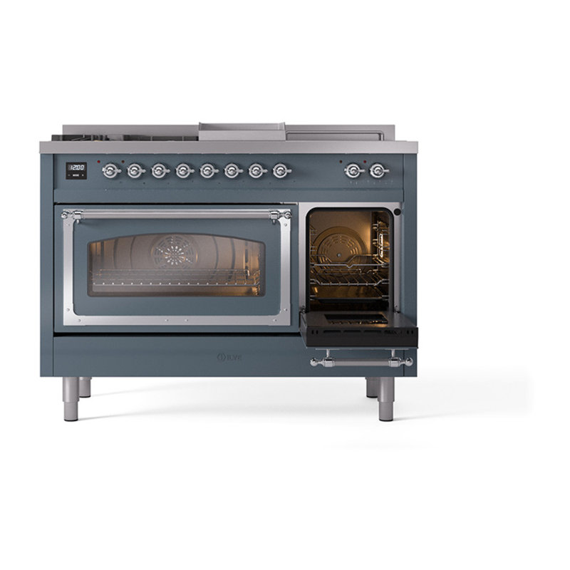 ILVE Nostalgie II Noblesse 48 inch Dual Fuel Range (5 Sealed Burners + Griddle + French Top, Triple Glass Door), Blue Gray