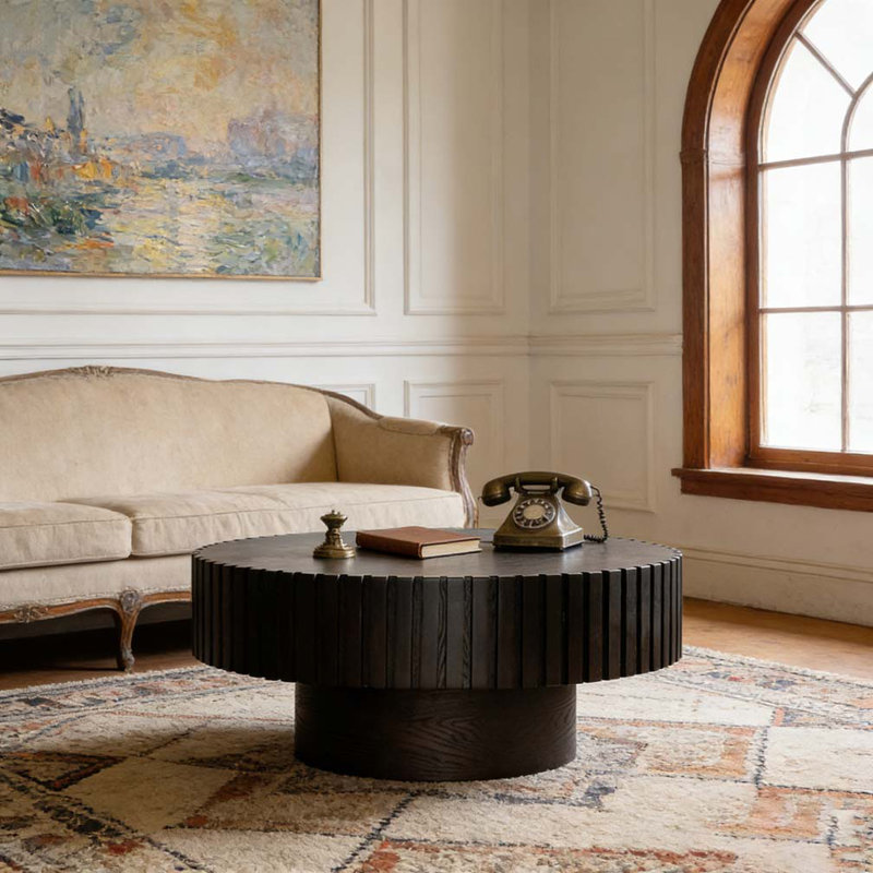 Table basse ronde, Noyer, noyer + noir