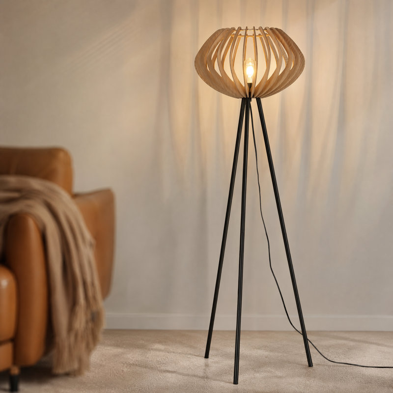 Lampe trépied Nordic avec abat-jour en lattes de bois