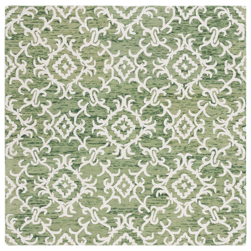 Arieah Damask Handmade Tufted Wool Green/White Area Rug, Square 6'