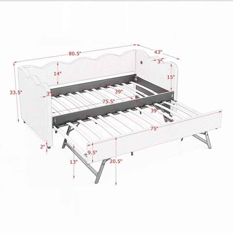 Upholstery Daybed with Pop-Up Trundle,USB Port, Black
