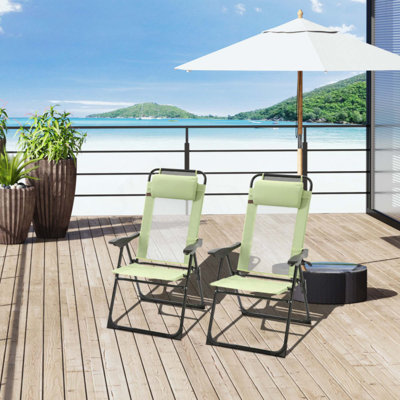 Ensemble de 2 chaises de patio pliantes, chaise longue d'extérieur à dossier réglable, chaise de camping avec appui-tête amovible pour le jardin, la cour et la pelouse