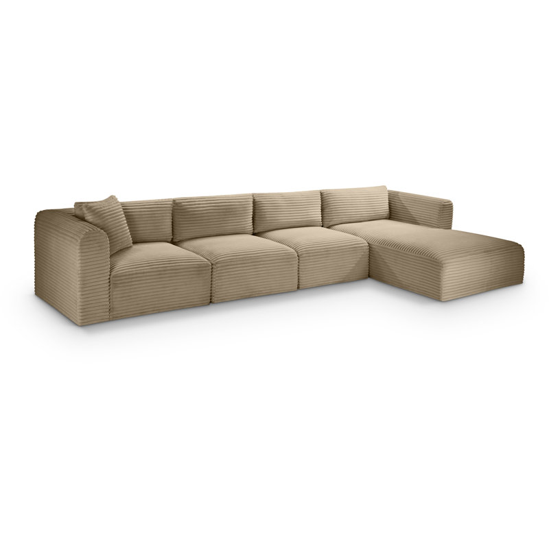 Canapé modulaire en L Carmean Performance, Velours côtelé texturé taupe, 2 accoudoirs, 1 méridienne, 1 coin