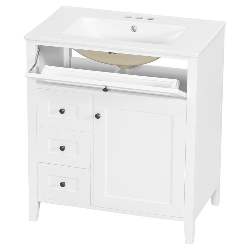 Meuble-lavabo autoportant de 30 pouces avec lavabo, panneau de fibres à densité moyenne moderne et bois d'hévéa avec 3 tiroirs et tablette réglable